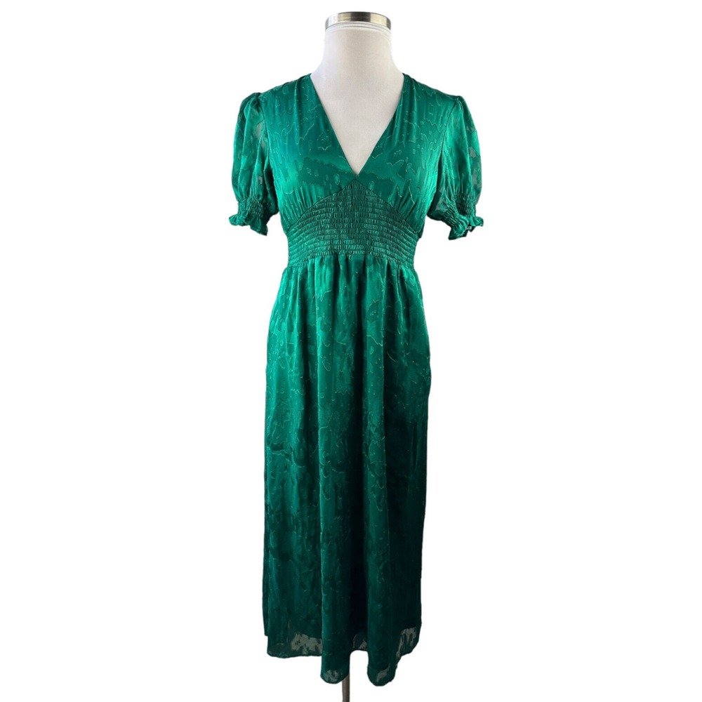 Hutch Empire Smocked Ruffle Short Sleeve Maxi Dress Holiday Green Pockets Size 6 - Picture 2 of 16